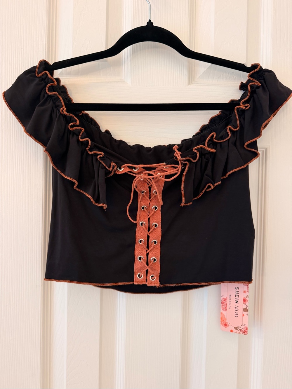 SHEIN Black Off-Shoulder Crop Top with Rust Lace-Up Trim